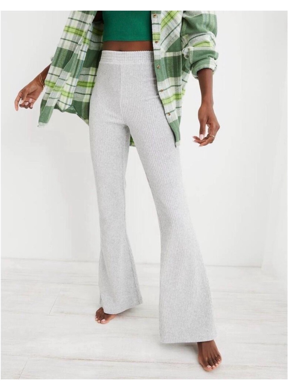 Light Gray Ribbed Knit Flare Pants by aerie